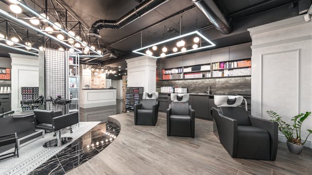 Comfortable backwash chairs with sinks near potted plant placed in contemporary beauty salon with bright illumination and abundance of cosmetology products